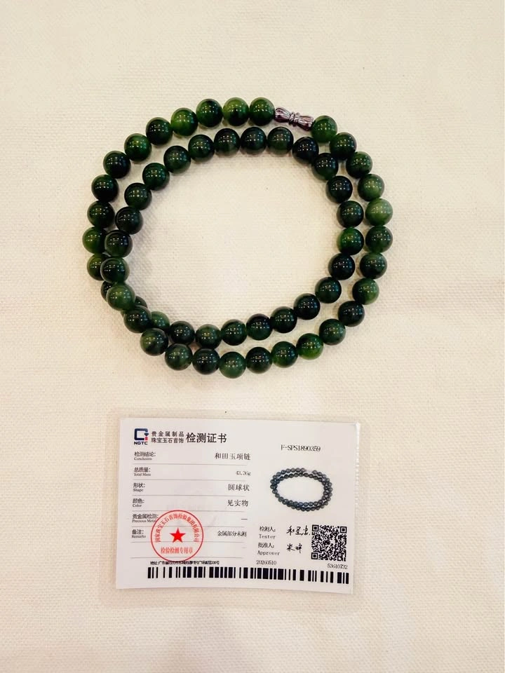 Authentic Hetian Green Jade Bead Necklace with NGTC Certificate