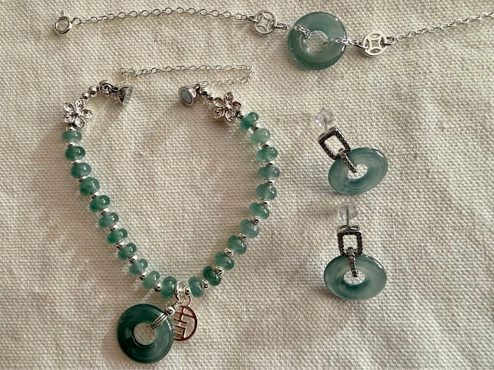 Certified Type A Jadeite and S925 Silver Bracelet and Earrings S