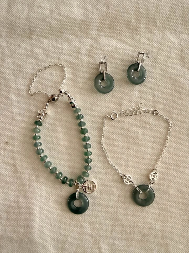 Certified Type A Jadeite and S925 Silver Bracelet and Earrings S - photo 4