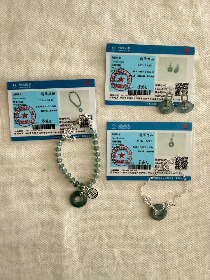 Certified Type A Jadeite and S925 Silver Bracelet and Earrings S - photo 5