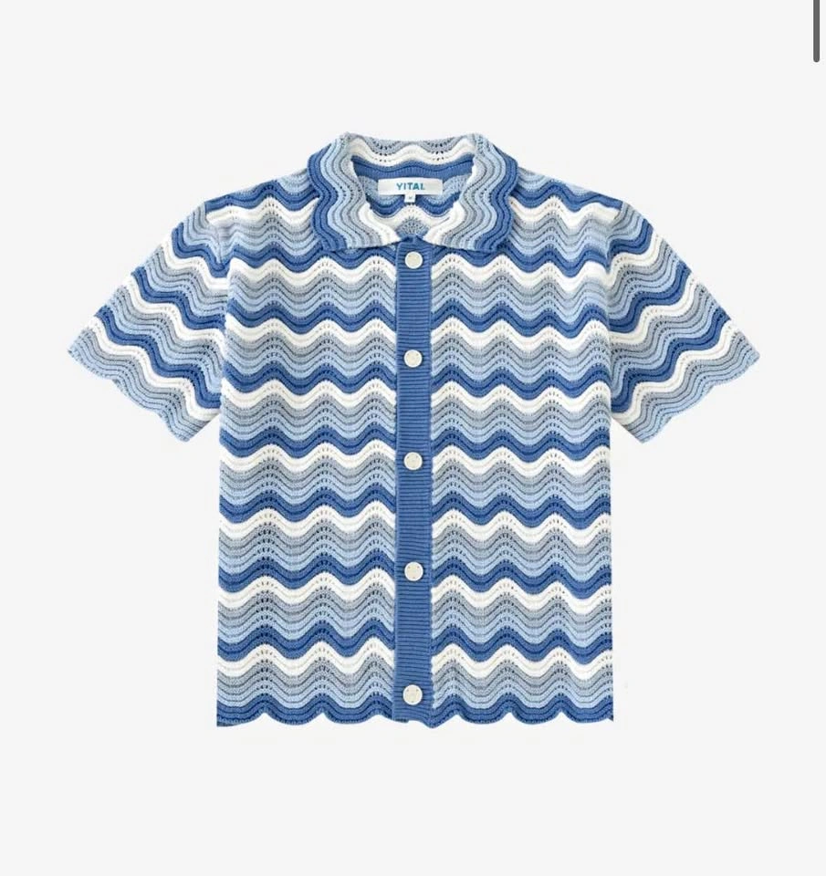 YITAI Blue and White Wavy Pattern Knit Short Sleeve Shirt