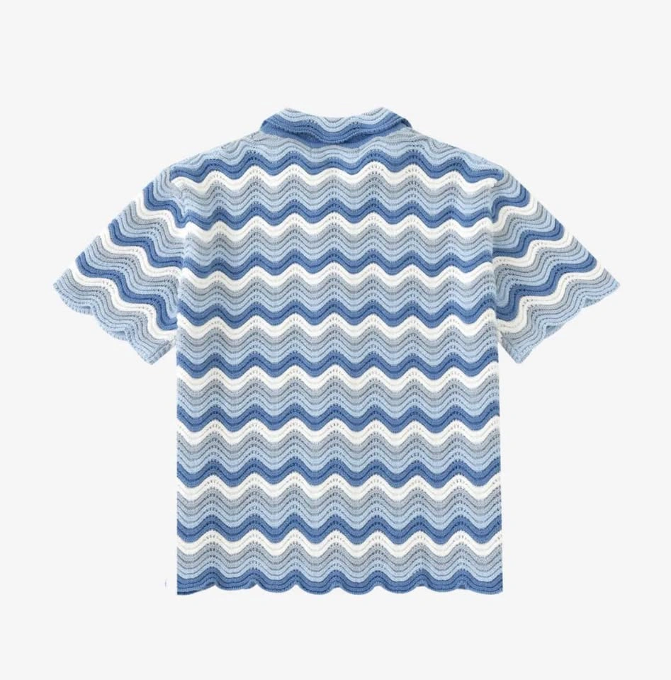 YITAI Blue and White Wavy Pattern Knit Short Sleeve Shirt - photo 2