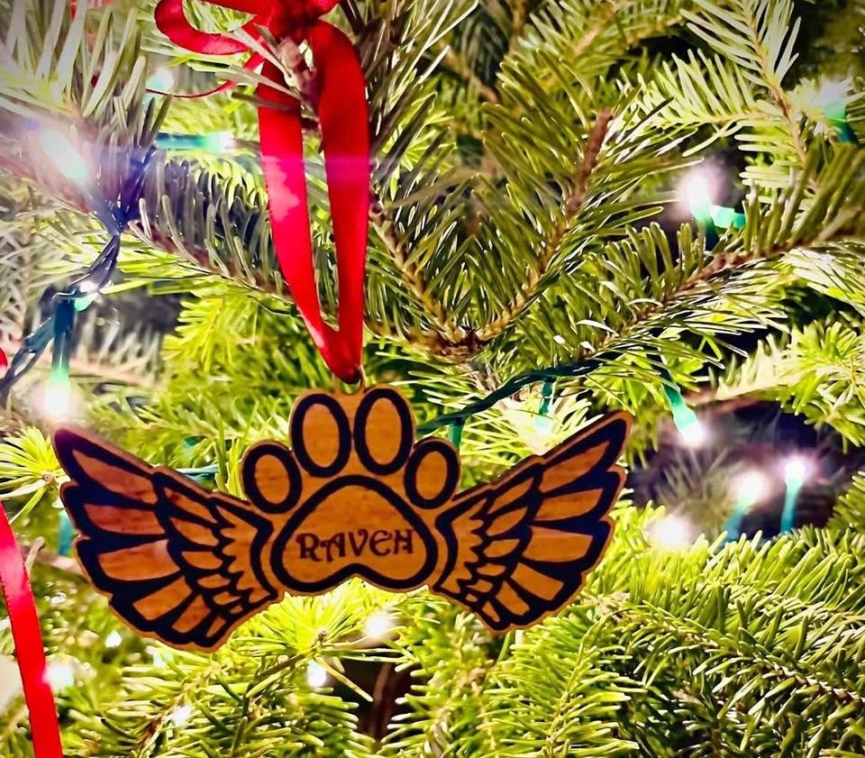 Custom Wooden Pet Memorial Winged Paw Print Christmas Ornament