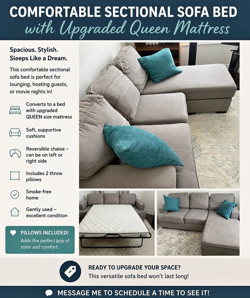 Sectional Sofa Bed with Upgraded Queen Mattress + Pillows