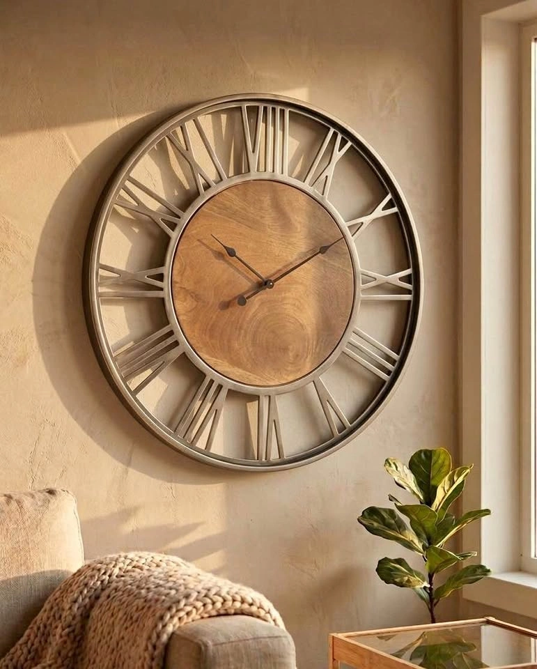 Decorative Wall Clock - Rustic Wood & Metal Design