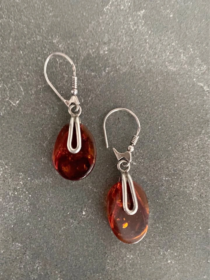 Vintage Amber Teardrop & 925 Silver Earrings
