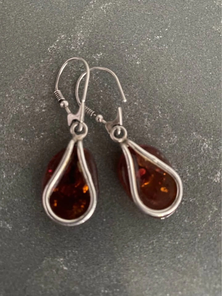 Vintage Amber Teardrop & 925 Silver Earrings - photo 2