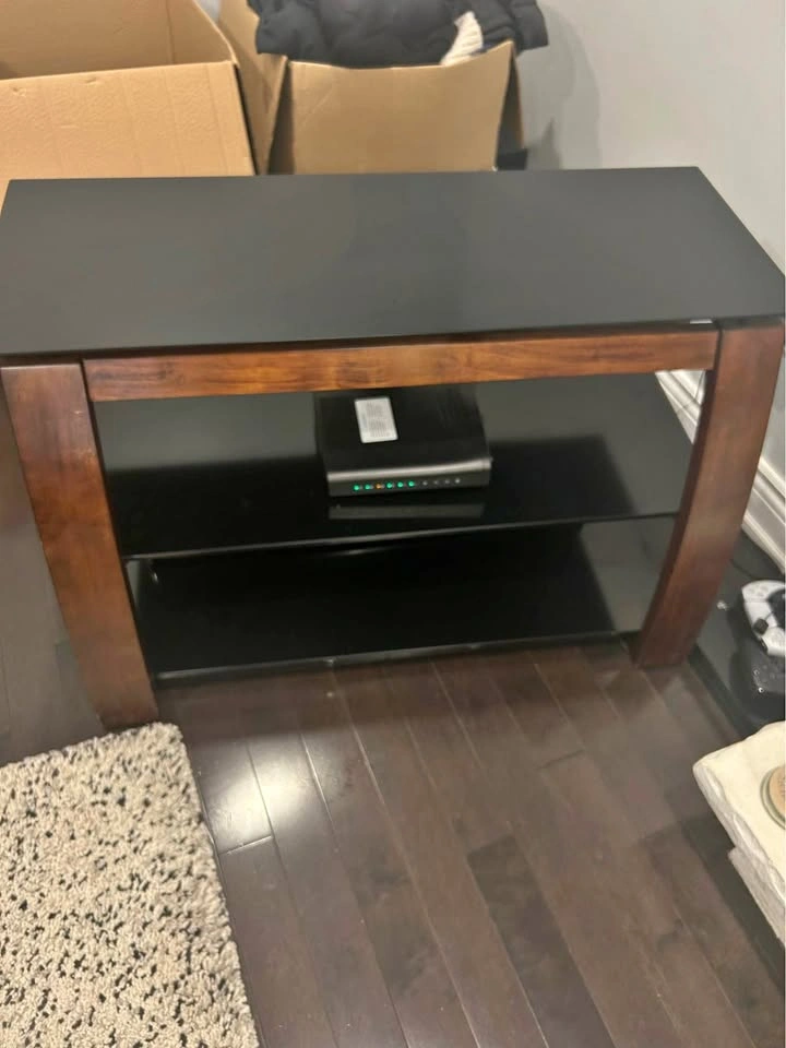 3-Tier Wooden TV stand with Black Glass Shelves