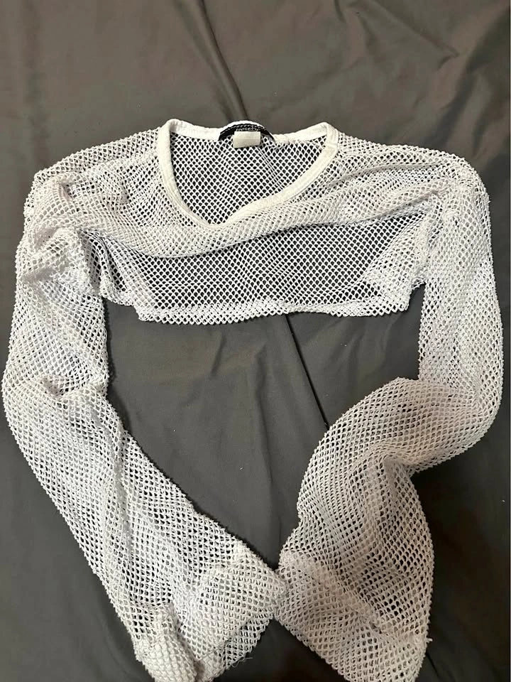 White Fishnet Mesh Ultra Crop Top / Long Sleeve Shrug