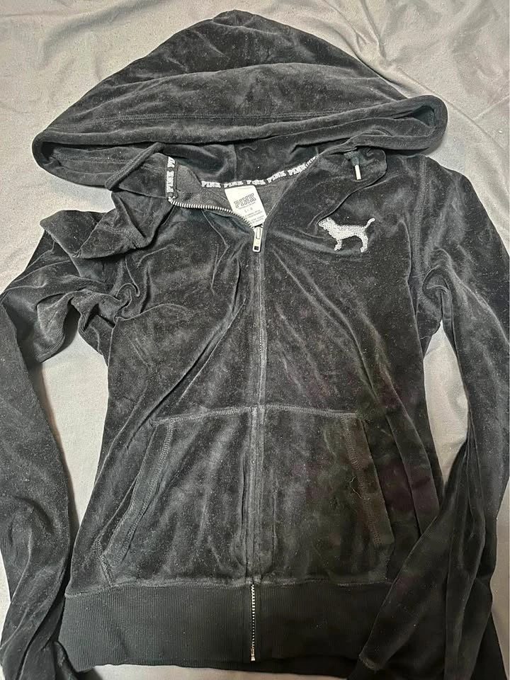 Vintage Victoria's Secret PINK Black Velour Rhinestone Hoodie