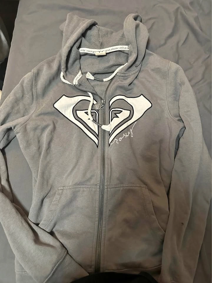 Roxy Grey Full-Zip Classic Graphic Logo Hoodie
