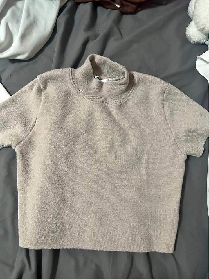 Zara Beige Short Sleeve Mock Neck Top