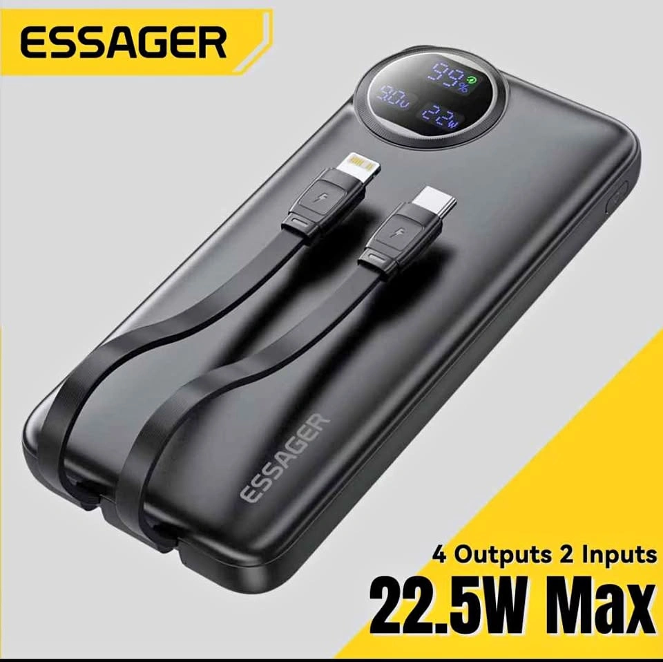 Essager 10000mAh 22.5W Power Bank with Built-in Cables