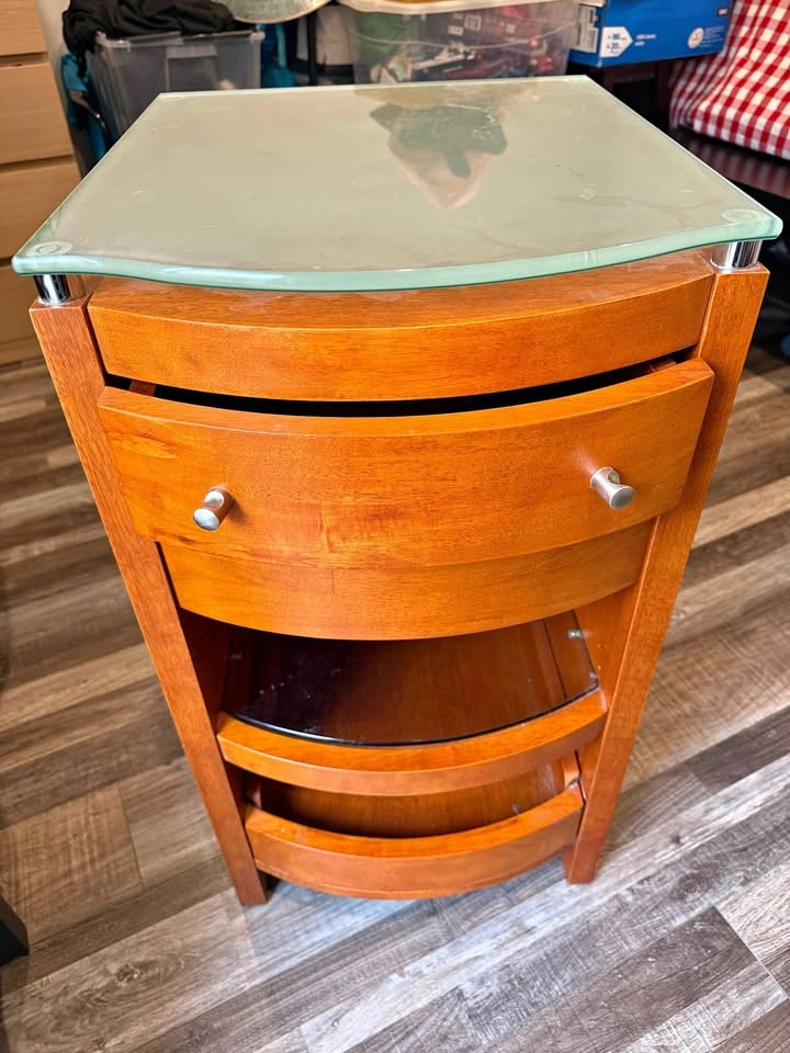 Modern Curved Wood Cabinet/night stand with Glass Top
