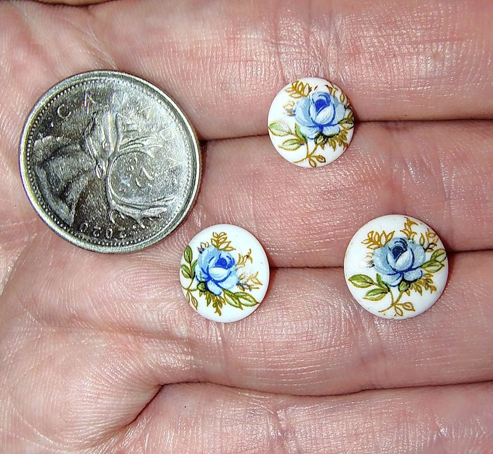 Vintage Ceramic Blue Rose Shank Buttons - Set of 3