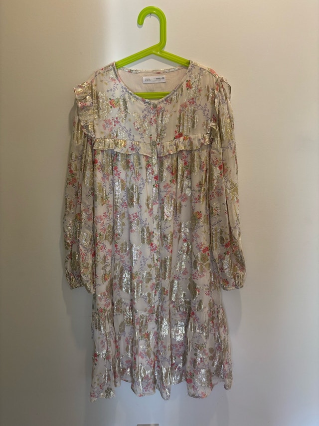 Zara Kids Girls Metallic Foil Floral Ruffle Dress Size 13-14