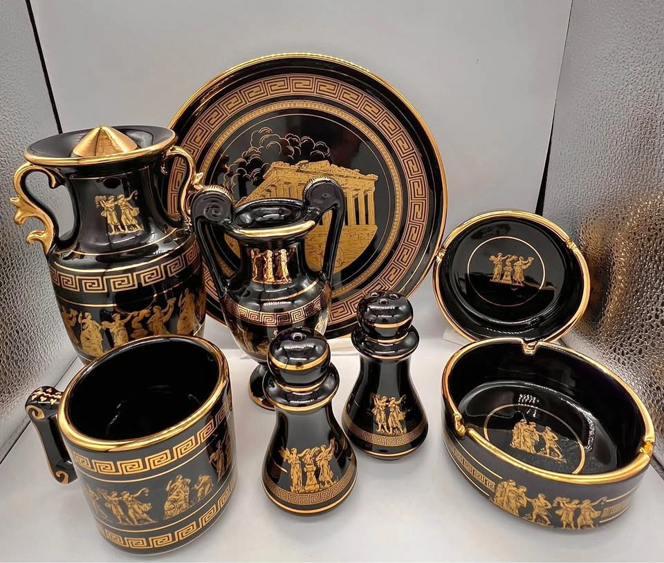 Vintage Greek 24k Gold Plated Black 8 pieces