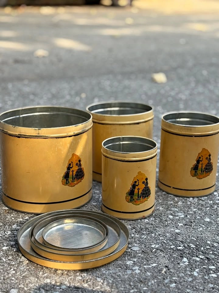 Vintage Metal Canister Set – circa 1940s | 4 Pieces + Lids