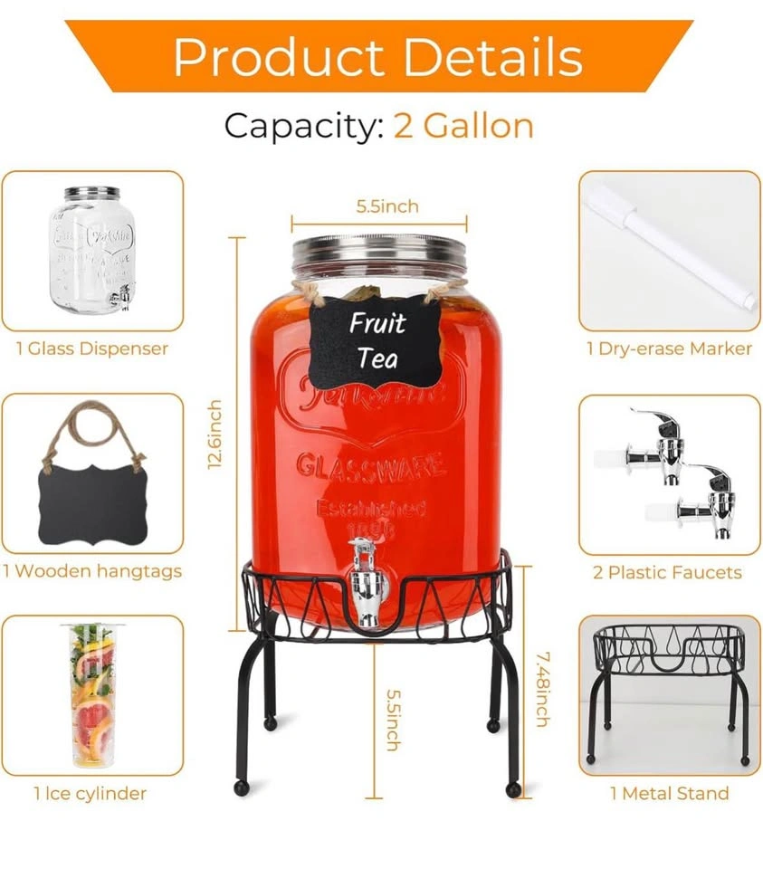 2 Gallon Glass Drink Dispenser with Stand & Spigot - photo 3