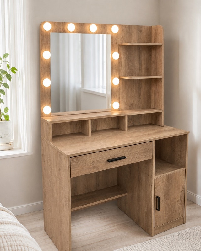 Vanity Desk with Lighted Mirror & Storage Shelves