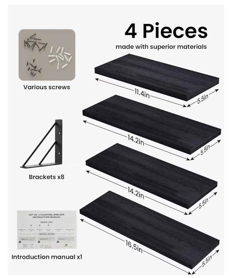 Set of 4 Wall Mounted Floating Bathroom Shelves, Black - photo 3