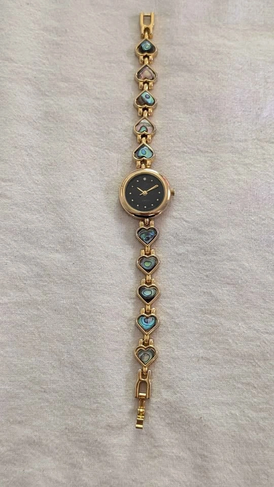 Gold Wheel Quartz Watch with Abalone Heart Links - photo 2