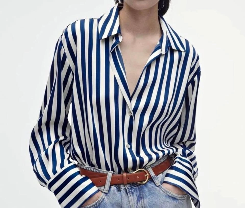 Satin Effect Striped Blouse - XS