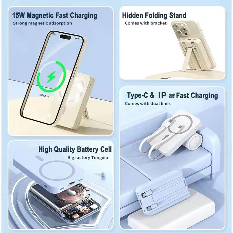 10000mAh Magnetic Wireless Power Bank with Built-in Cables - photo 5