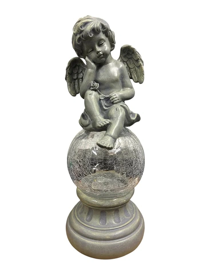 Cherub Angel Garden Statue with Crackle Glass Globe