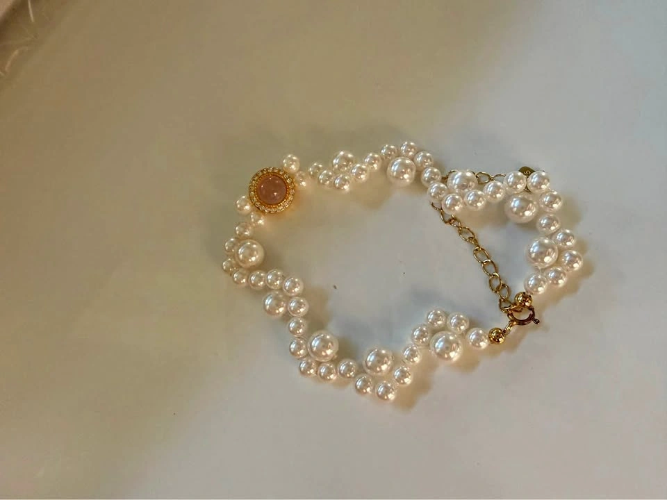 Vintage Double Strand Pearl Bracelet with Pink Gemstone