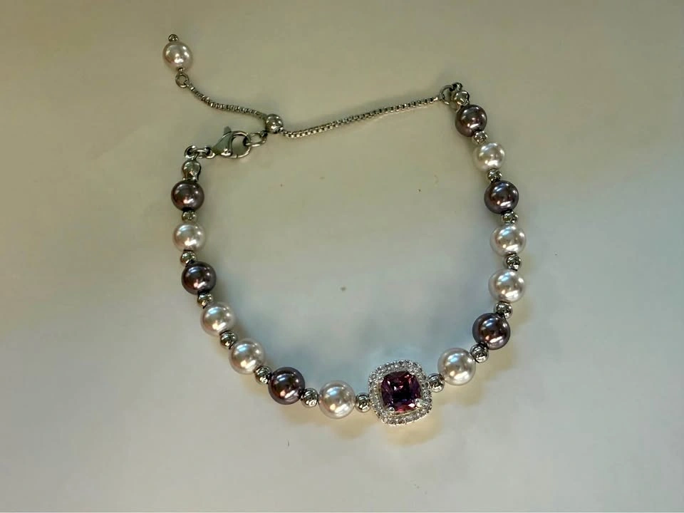 Two Tone Pearl Bracelet with Purple Square Crystal
