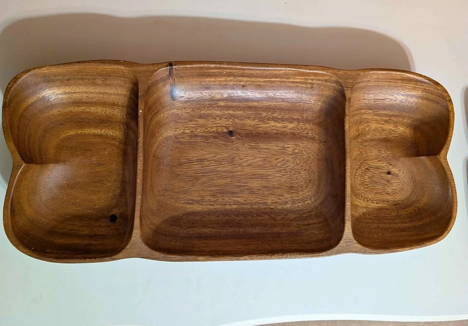 Vintage 3-Compartment Wooden Serving Tray