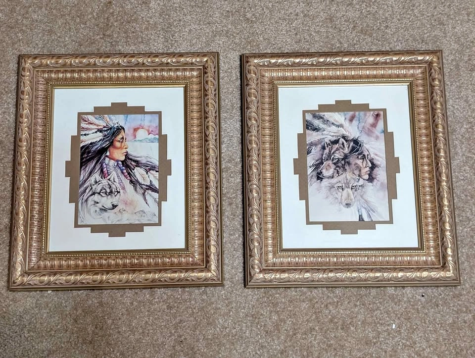 Set of 2 Framed Indigenous American and Wolf Art Prints