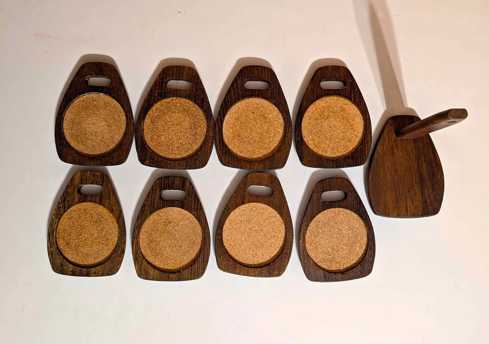 Vintage Mid-Century Modern Wood and Cork Coaster Set with Stand