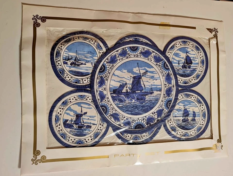 Vintage Delft Blue Style Coaster Party Set