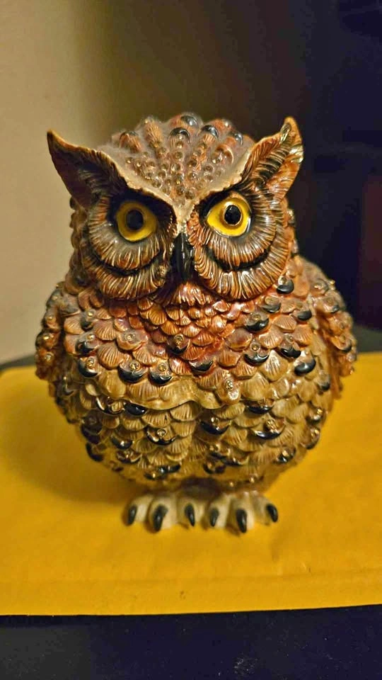 Large Owl Jeweled Hand Painted Enamel Trinket Box