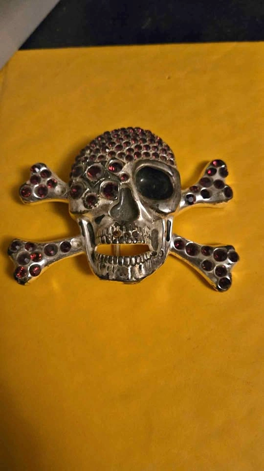 Skull and Crossbones Belt Buckle with Red Rhinestones