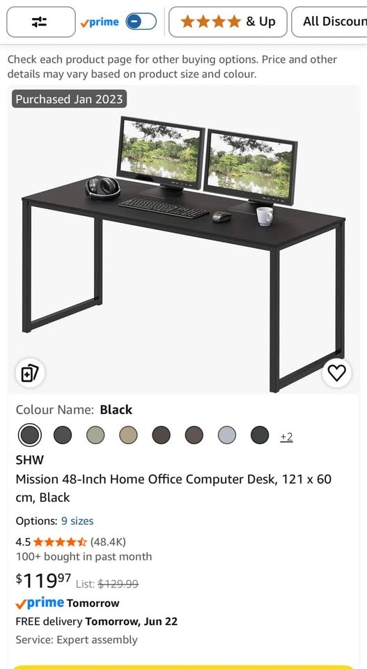 SHW Mission 48-Inch Computer Desk (Black, 121 x 60 cm) - photo 2