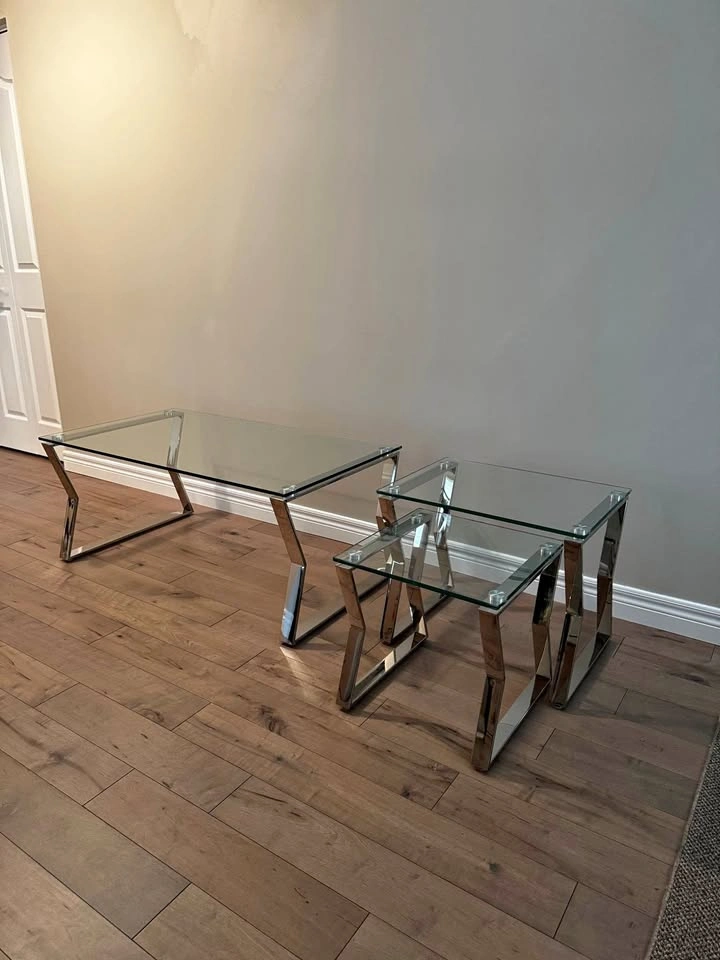 Modern Chrome Glass Coffee Table + Nesting Table Set