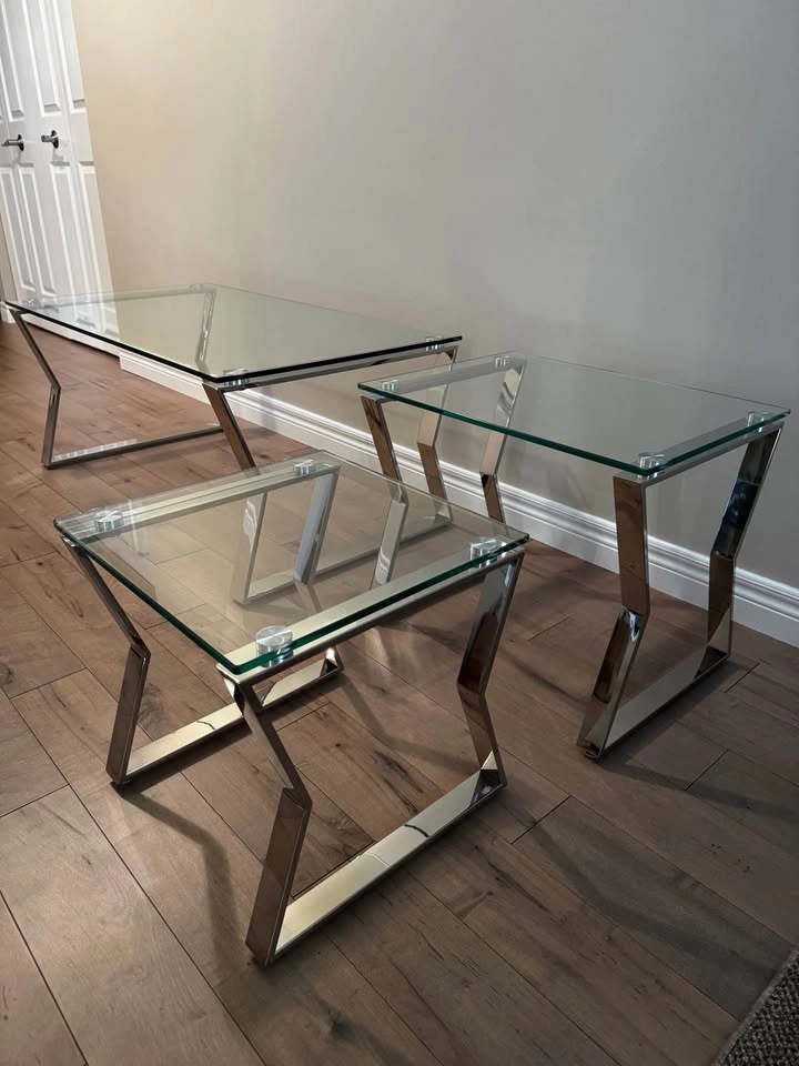 Modern Chrome Glass Coffee Table + Nesting Table Set - photo 2