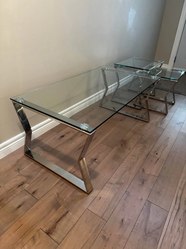 Modern Chrome Glass Coffee Table + Nesting Table Set - photo 3