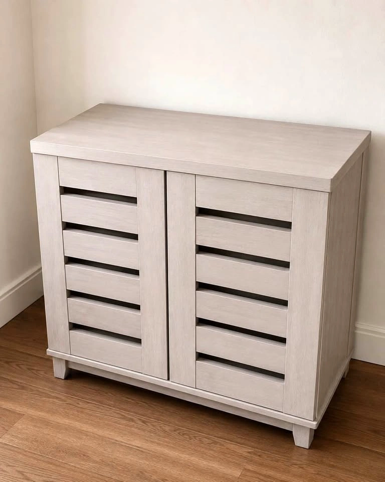 Slatted Wood Shoe Storage Cabinet