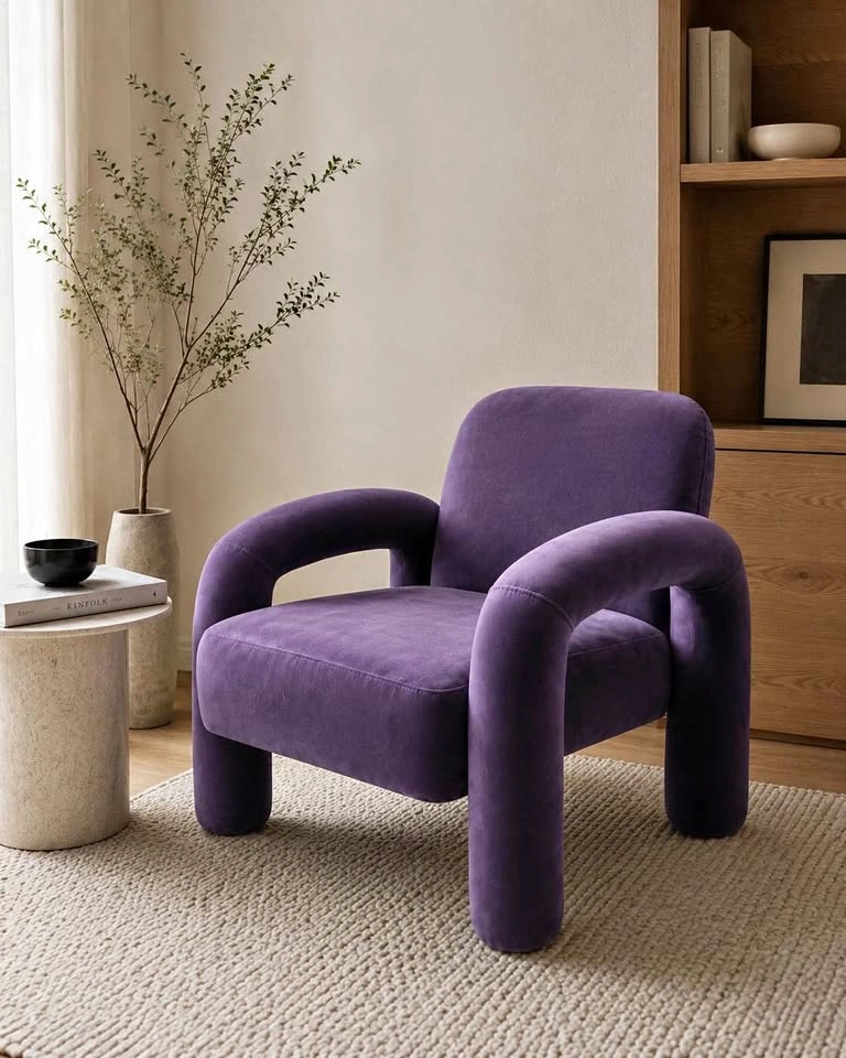 Modern Purple Velvet Sculptural Accent Chair