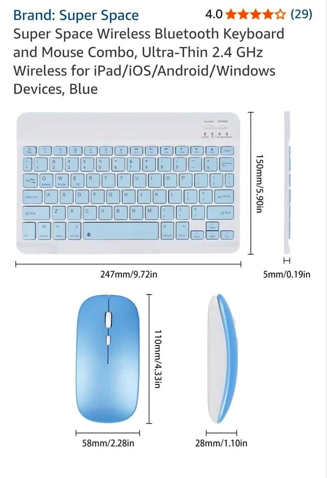Super Space Wireless Bluetooth Keyboard and Mouse Combo Blue