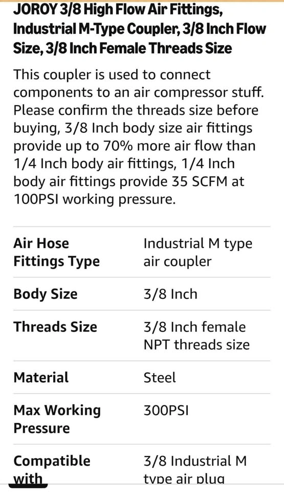 JOROY 3/8 High Flow Air Fittings Industrial M-Type Coupler 10 Pa - photo 3