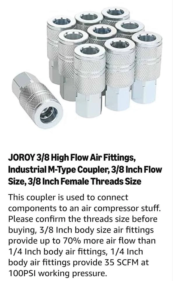 JOROY 3/8 High Flow Air Fittings Industrial M-Type Coupler 10 Pa - photo 4