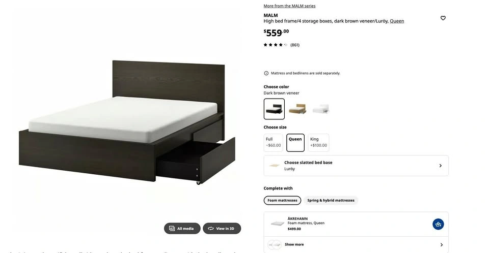 MALM Queen bed Frame with 4 drawers