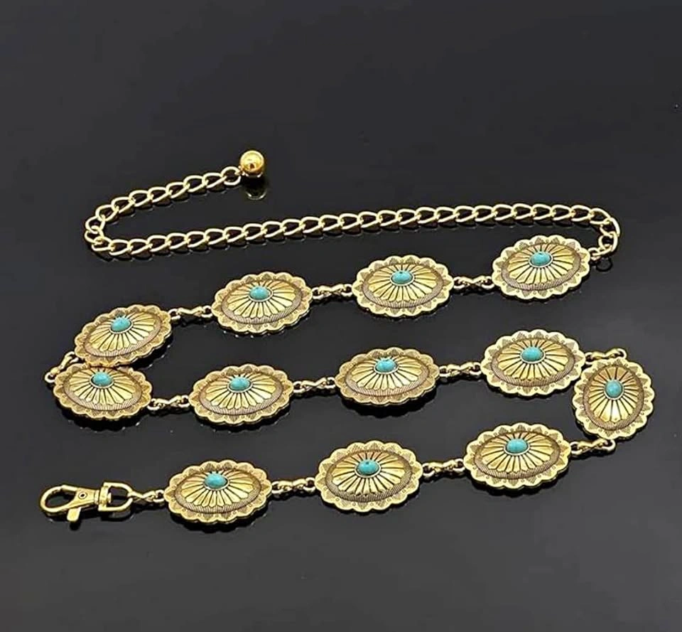🌵 Gold Turquoise Boho Chain Belt — Adjustable Waist Chain