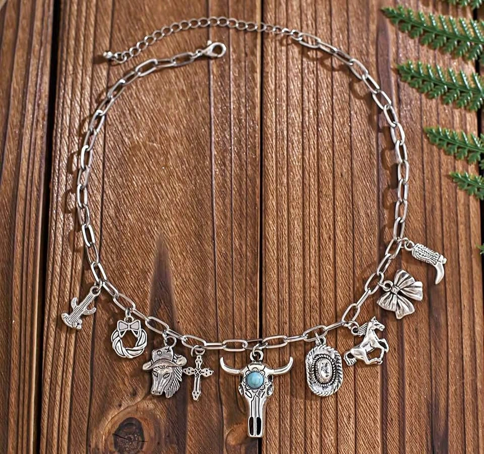 Turquoise Bull Skull Western Charm Necklace