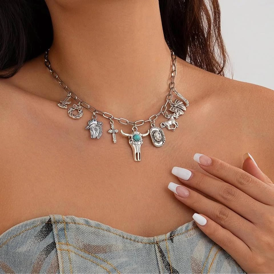 Turquoise Bull Skull Western Charm Necklace - photo 3